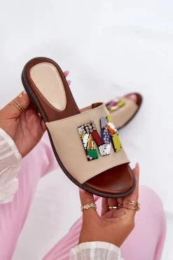 Klapki Damskie Na Płaskim Obcasie Z Ozdobą Złote Clelione