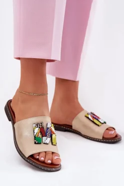 Klapki Damskie Na Płaskim Obcasie Z Ozdobą Złote Clelione