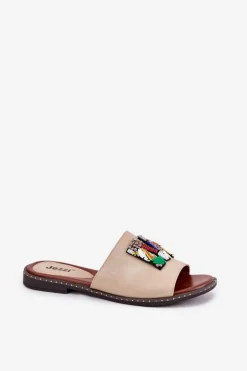 Klapki Damskie Na Płaskim Obcasie Z Ozdobą Złote Clelione