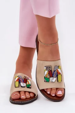 Klapki Damskie Na Płaskim Obcasie Z Ozdobą Złote Clelione