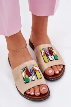 Klapki Damskie Na Płaskim Obcasie Z Ozdobą Złote Clelione