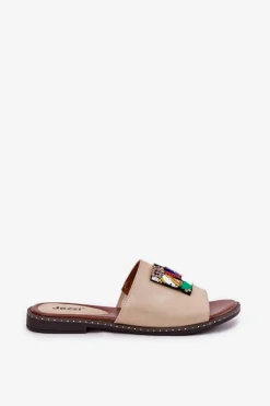 Klapki Damskie Na Płaskim Obcasie Z Ozdobą Złote Clelione