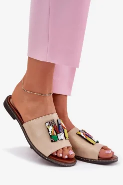 Klapki Damskie Na Płaskim Obcasie Z Ozdobą Złote Clelione