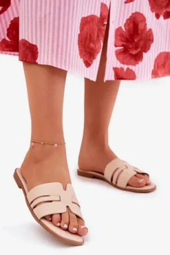 Klapki Damskie Na Płaskim Obcasie Z Wycięciami Eko Skórzane Beżowe Ecapus