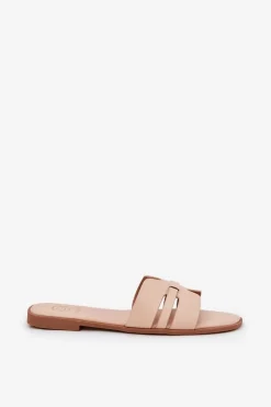 Klapki Damskie Na Płaskim Obcasie Z Wycięciami Eko Skórzane Beżowe Ecapus