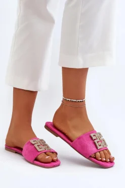 Klapki Damskie Na Płaskim Obcasie Z Ozdobą Fuksja Inaile
