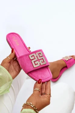 Klapki Damskie Na Płaskim Obcasie Z Ozdobą Fuksja Inaile