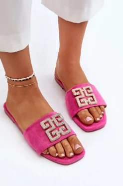 Klapki Damskie Na Płaskim Obcasie Z Ozdobą Fuksja Inaile
