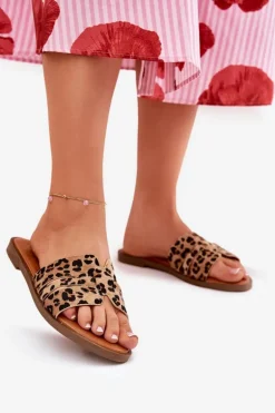 Klapki Damskie Na Płaskim Obcasie Z Wycięciami Panterka Brązowe Teterre