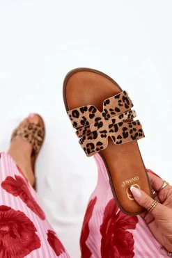 Klapki Damskie Na Płaskim Obcasie Z Wycięciami Panterka Brązowe Teterre