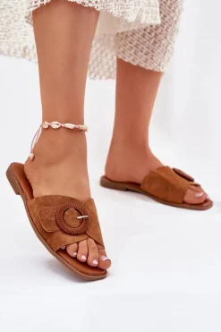 Klapki Damskie Na Płaskim Obcasie Z Klamrą Camel Lanoni