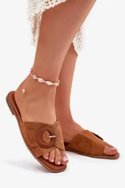 Klapki Damskie Na Płaskim Obcasie Z Klamrą Camel Lanoni