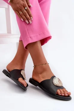 Klapki Damskie Na Płaskim Obcasie Z Ozdobą Czarne Rivashea
