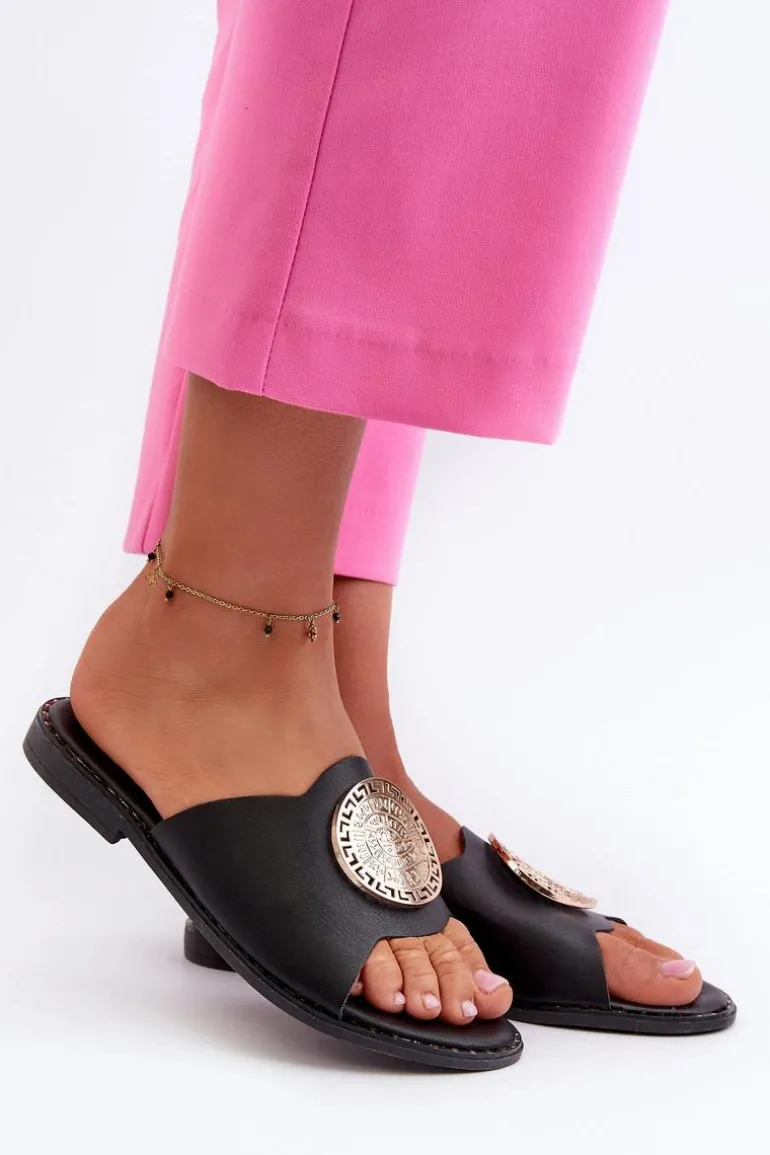 Klapki Damskie Na Płaskim Obcasie Z Ozdobą Czarne Rivashea