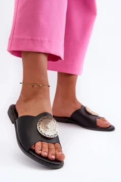Klapki Damskie Na Płaskim Obcasie Z Ozdobą Czarne Rivashea