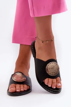 Klapki Damskie Na Płaskim Obcasie Z Ozdobą Czarne Rivashea