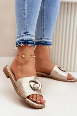 Klapki Damskie Na Płaskim Obcasie Z Ozdobnym Detalem KV51-007 Złote