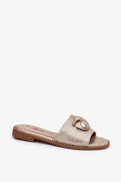 Klapki Damskie Na Płaskim Obcasie Z Ozdobnym Detalem KV51-007 Złote