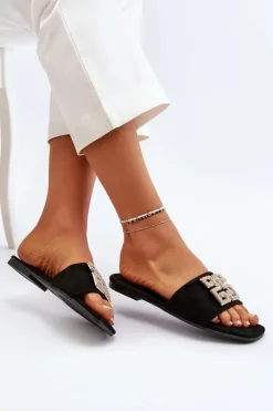 Klapki Damskie Na Płaskim Obcasie Z Ozdobą Czarne Inaile