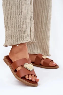 Klapki Damskie Na Płaskim Obcasie Ze Złotą Ozdobą Camel Karinma