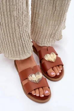 Klapki Damskie Na Płaskim Obcasie Ze Złotą Ozdobą Camel Karinma