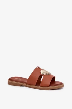 Klapki Damskie Na Płaskim Obcasie Ze Złotą Ozdobą Camel Karinma