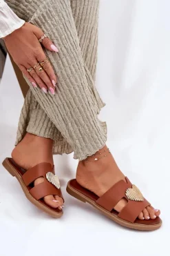 Klapki Damskie Na Płaskim Obcasie Ze Złotą Ozdobą Camel Karinma