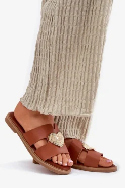 Klapki Damskie Na Płaskim Obcasie Ze Złotą Ozdobą Camel Karinma