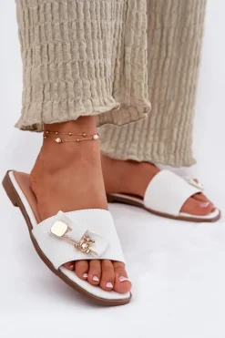 Klapki Damskie Na Płaskim Obcasie Z Kokardą Białe Sallariela