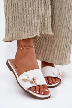 Klapki Damskie Na Płaskim Obcasie Z Kokardą Białe Sallariela