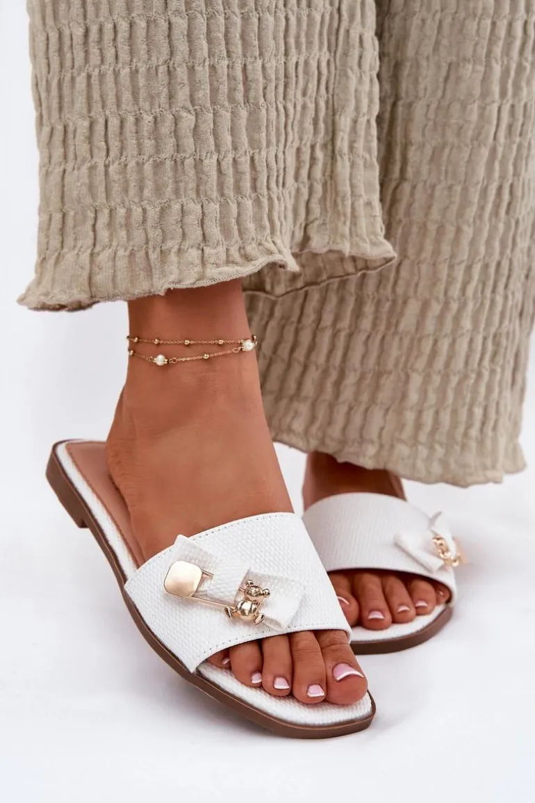 Klapki Damskie Na Płaskim Obcasie Z Kokardą Białe Sallariela