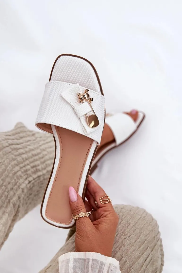 Klapki Damskie Na Płaskim Obcasie Z Kokardą Białe Sallariela