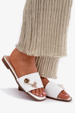 Klapki Damskie Na Płaskim Obcasie Z Kokardą Białe Sallariela