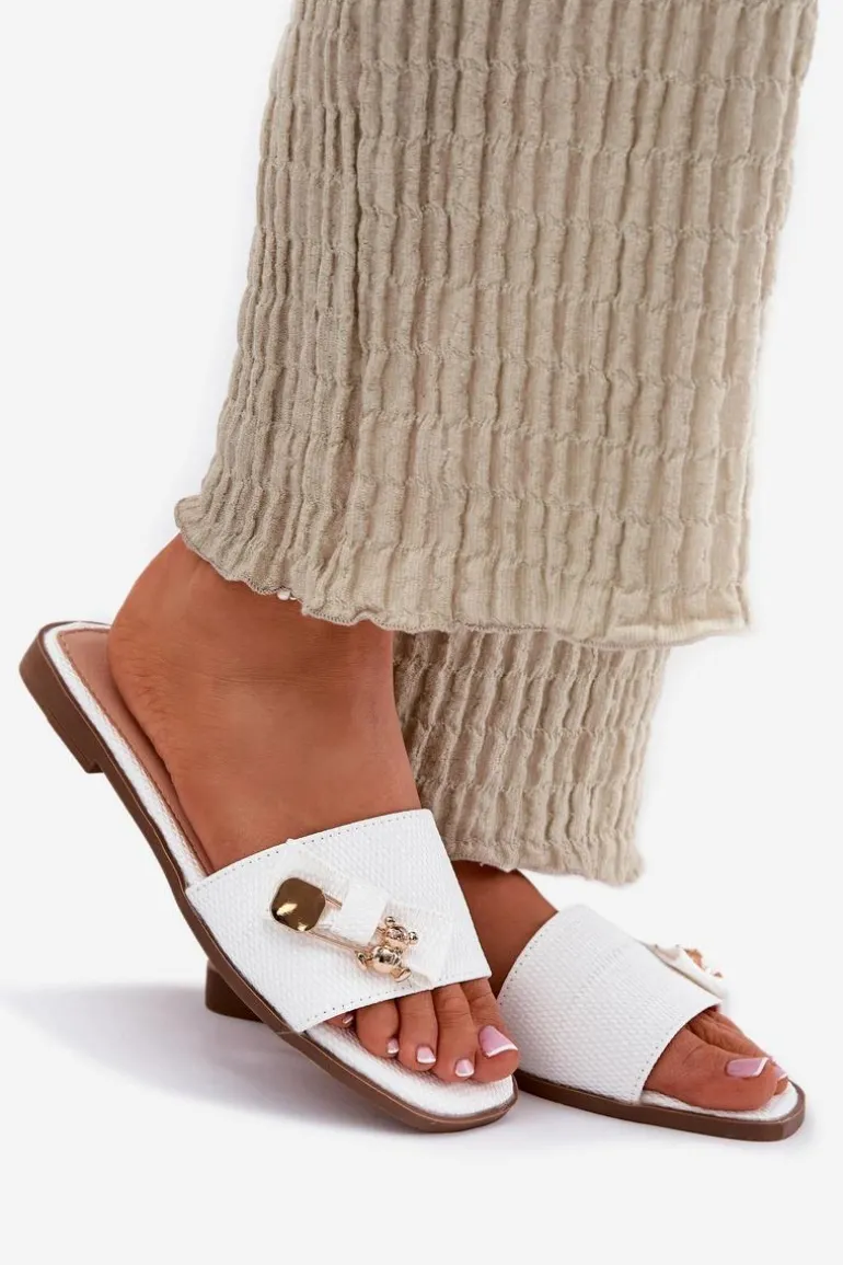 Klapki Damskie Na Płaskim Obcasie Z Kokardą Białe Sallariela