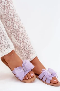Klapki Damskie Na Płaskim Obcasie Z Tiulową Kokardą Fioletowe Tanira