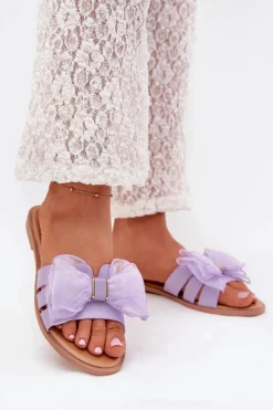 Klapki Damskie Na Płaskim Obcasie Z Tiulową Kokardą Fioletowe Tanira