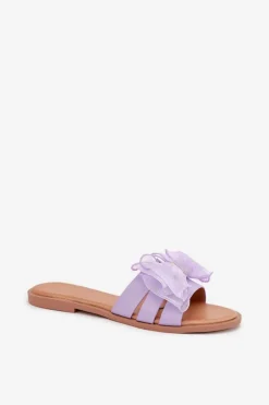 Klapki Damskie Na Płaskim Obcasie Z Tiulową Kokardą Fioletowe Tanira