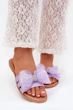 Klapki Damskie Na Płaskim Obcasie Z Tiulową Kokardą Fioletowe Tanira