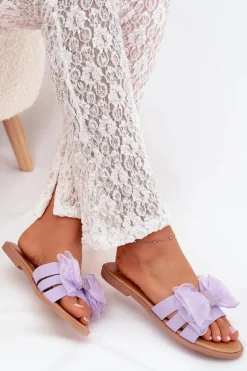 Klapki Damskie Na Płaskim Obcasie Z Tiulową Kokardą Fioletowe Tanira