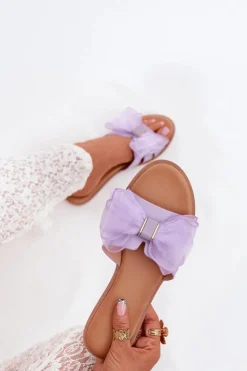 Klapki Damskie Na Płaskim Obcasie Z Tiulową Kokardą Fioletowe Tanira