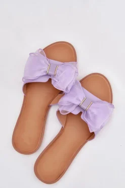 Klapki Damskie Na Płaskim Obcasie Z Tiulową Kokardą Fioletowe Tanira