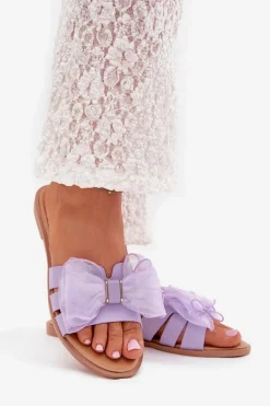 Klapki Damskie Na Płaskim Obcasie Z Tiulową Kokardą Fioletowe Tanira