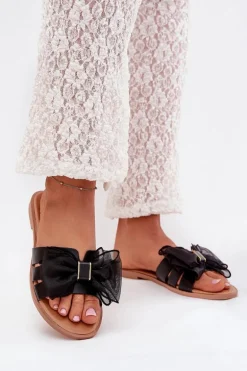 Klapki Damskie Na Płaskim Obcasie Z Tiulową Kokardą Czarne Tanira