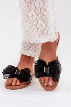 Klapki Damskie Na Płaskim Obcasie Z Tiulową Kokardą Czarne Tanira