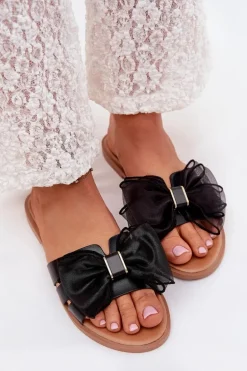 Klapki Damskie Na Płaskim Obcasie Z Tiulową Kokardą Czarne Tanira