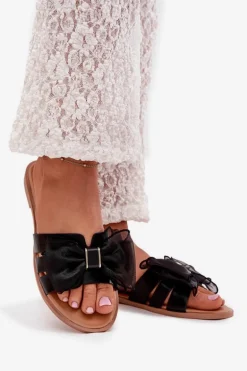 Klapki Damskie Na Płaskim Obcasie Z Tiulową Kokardą Czarne Tanira