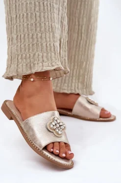 Klapki Damskie Na Płaskim Obcasie Z Ozdobnym Detalem S.Barski KV51-087 Złote