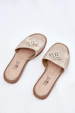 Klapki Damskie Na Płaskim Obcasie Z Ozdobnym Detalem S.Barski KV51-087 Złote