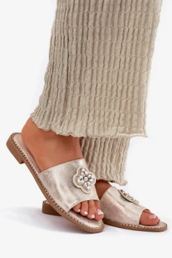 Klapki Damskie Na Płaskim Obcasie Z Ozdobnym Detalem S.Barski KV51-087 Złote