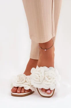 Klapki Damskie Na Płaskim Obcasie Z Ozdobnymi Kwiatami Białe Misorsse